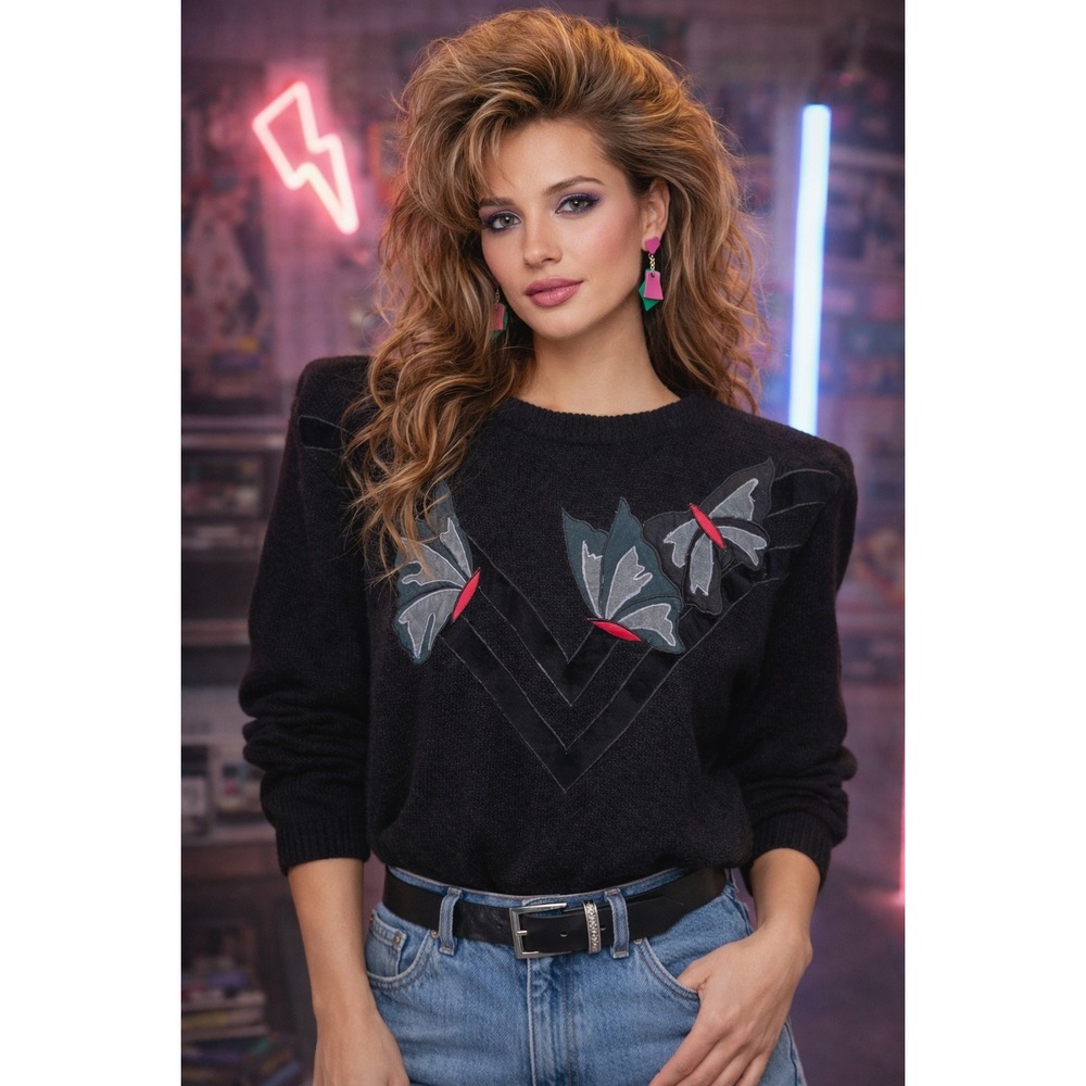 Western Connection Sweater Women M Black Butterfly Monarch Chevron 80s Vintage